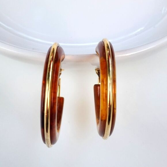 Butterscotch Resin Hoop Earring With Gold Plated Outline 1.64in - Picture 8 of 14